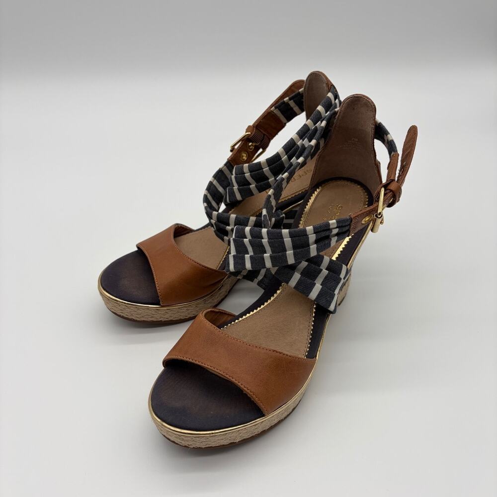 Sperry Top Sider Aurora Navy Blue White Striped Leather Wedge Sandals Sz 7